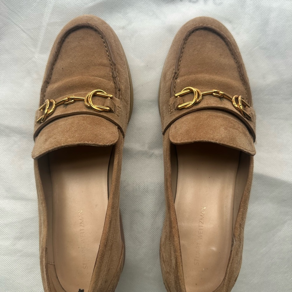 Suede Tan Loafers with Gold Chain Accent Stuart Weitzman